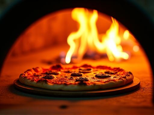 Pizza che cuoce nel tradizionale forno a legna